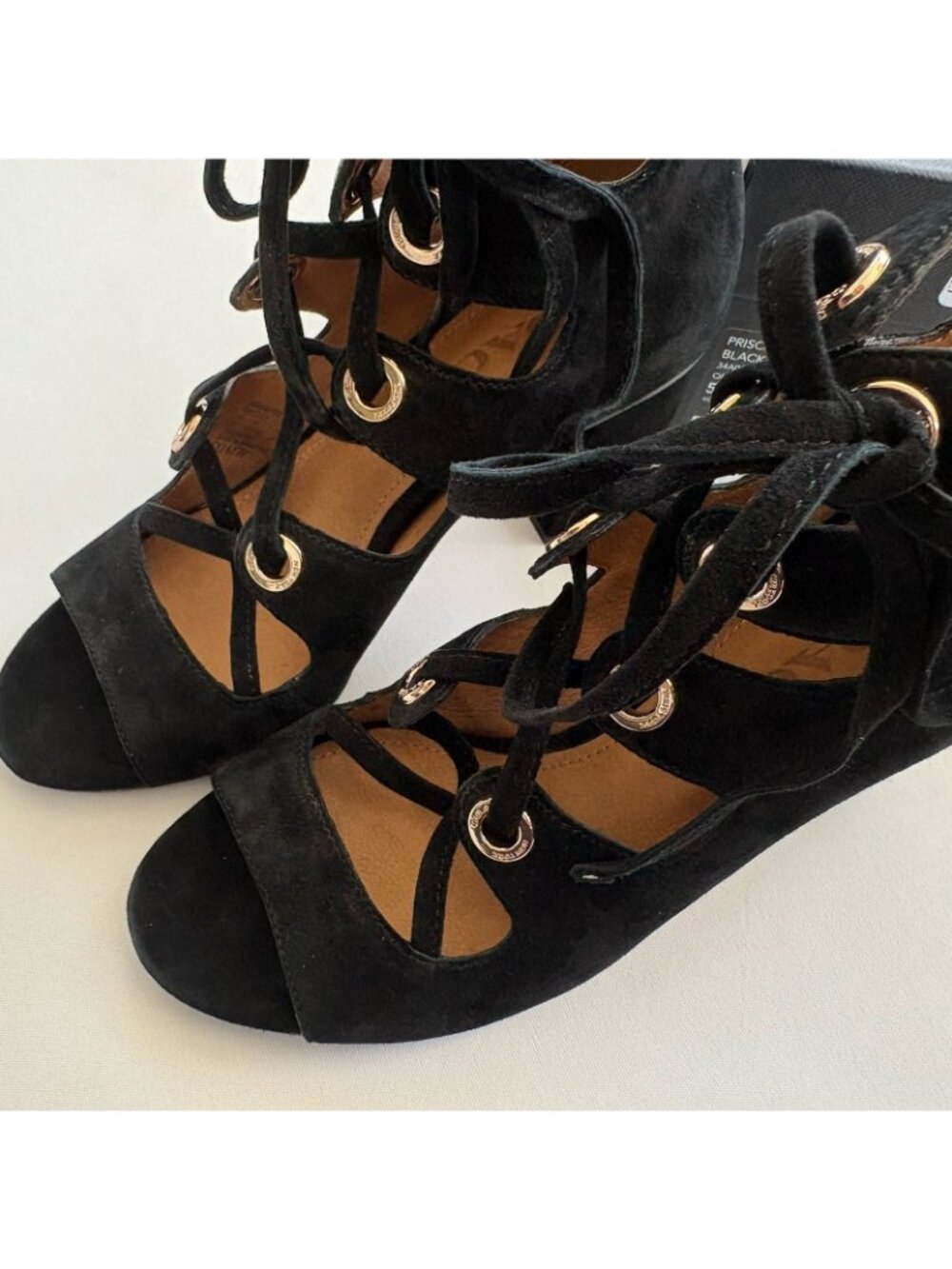 New Coach Women’s 5M Priscilla Lux Black Suede Lace Up Open Toe Sandals 3” Heels - Picture 7 of 14